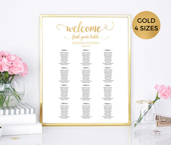 Mariage - Printable Wedding Seating Chart Gold and White - Printable Wedding table seating chart gold and white PDF Instant Download 