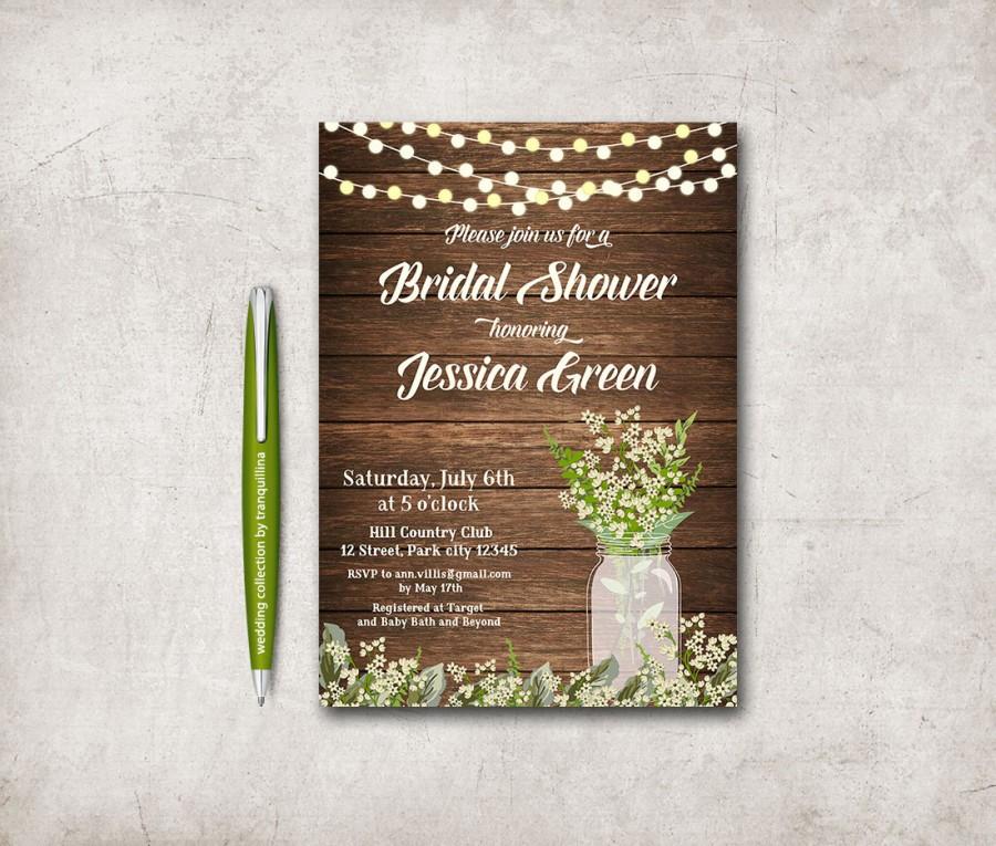 Wedding - Rustic Bridal Shower Invitation, Printable Bridal Shower Invitation, Mason Jar Baby's Breath Invite, Country Fall Bridal Shower Invitation
