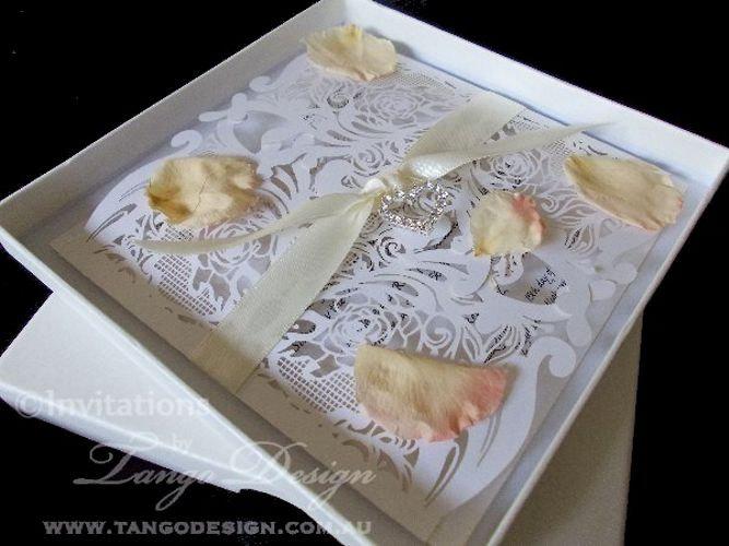 Wedding - Laser Cut Wedding Invitation, vintage lace invites for elegant weddings, 1SAMPLE  white gold ivory lasercut invitations ribbon & envelope