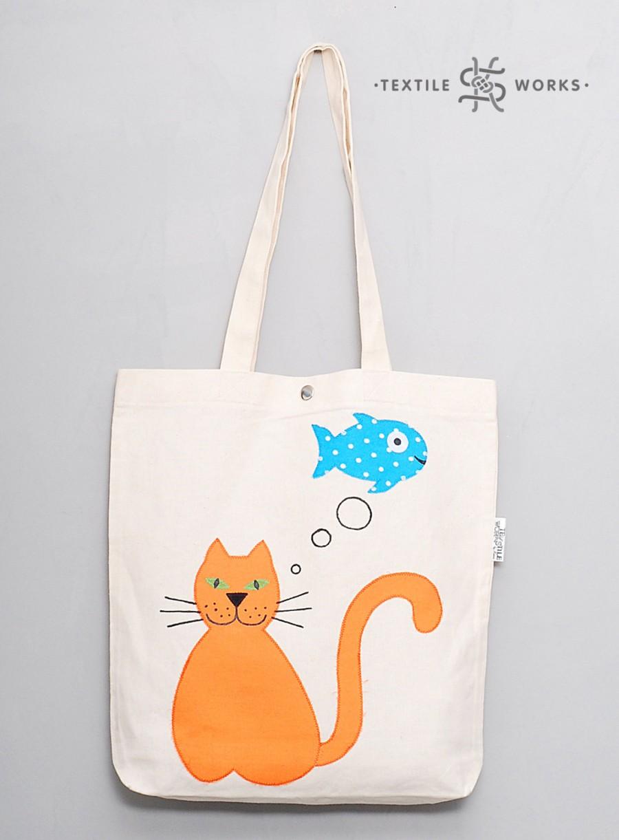 Wedding - Cat and Fish tote bag. Handmade fabric bag with Cat applique. Textile eco bag. Shopper. Cat gift. Shoulder Bag. Canvas Bag. Cotton bag