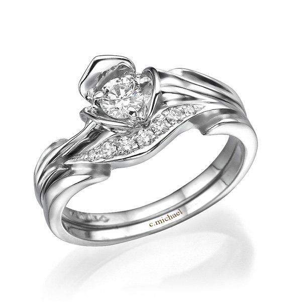 Mariage - Bridal Set, Engagement Set, Flower Engagement, Flower Diamond Ring, Floral Ring, Promise Ring, 14K White Ring, 14k ring, Unique Ring, Rings