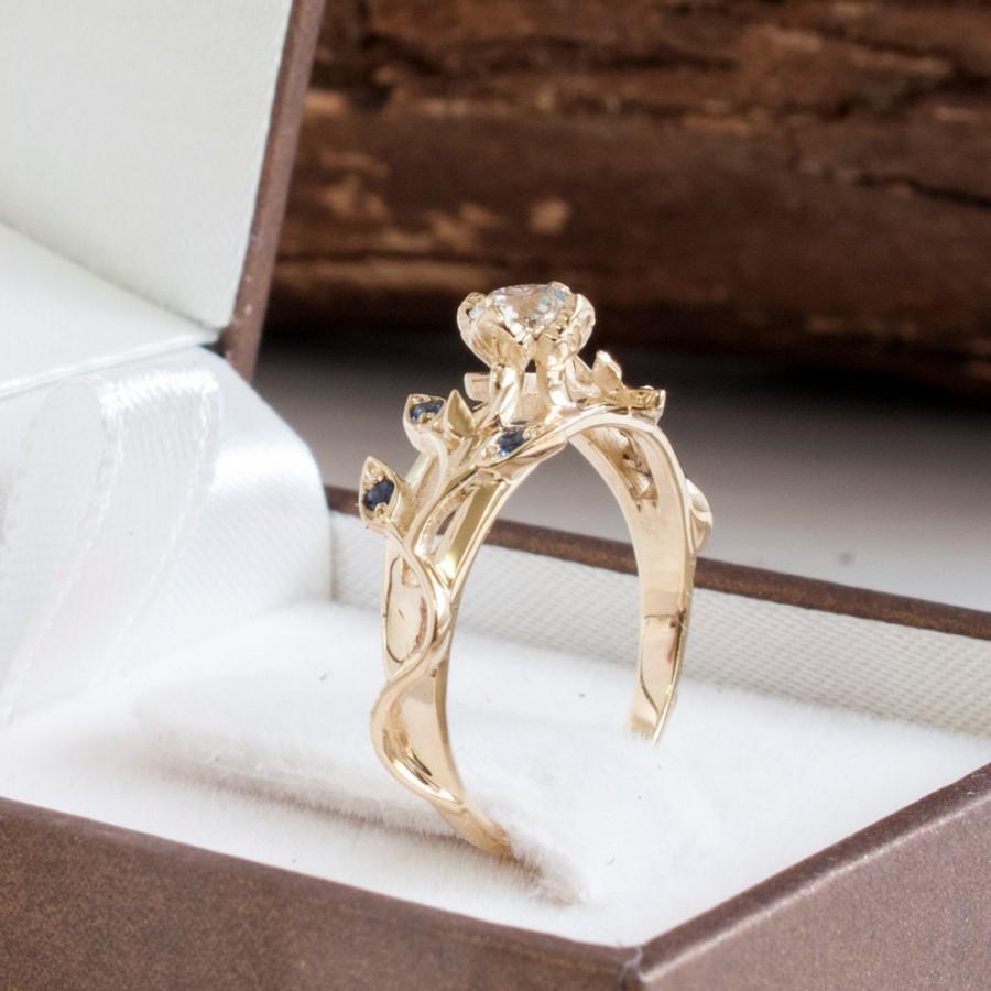 زفاف - Leaves engagement ring - 14K Gold and Diamond with Blue Sapphires - unique engagement ring - leaf ring - leaves diamond ring