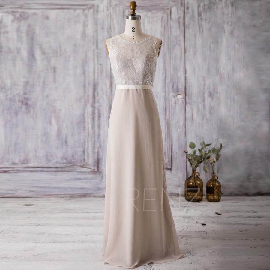 Hochzeit - 2016 Cream/Beige Bridesmaid Dress Long, Lace Wedding Dress, Scoop Illusion Prom Dress, Chiffon Open Back Party Dress Floor Length (J047)