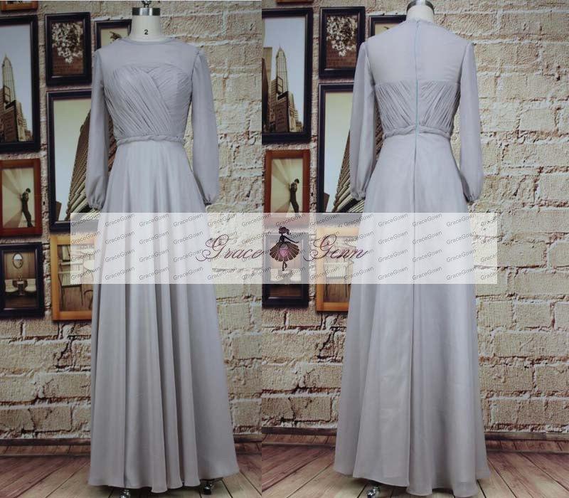 Hochzeit - Long Sleeved Bridesmaid Dresses/Illusion High Neck Evening Gowns/A-line Chiffon Prom Dresses/Wedding Party Dress Bridesmaid Dress Gray
