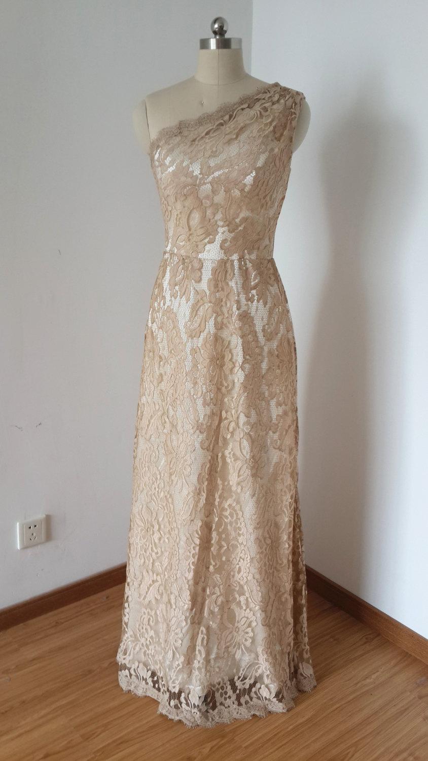 زفاف - 2015 One-shoulder Dark Champagne Lace Ivory Lining Long Bridesmaid Dress