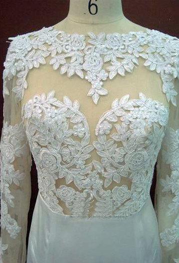 زفاف - Lace Applique Wedding Dress with Illusion Style Neckline, Illusion Tulle, Open Back Lace Wedding Dress