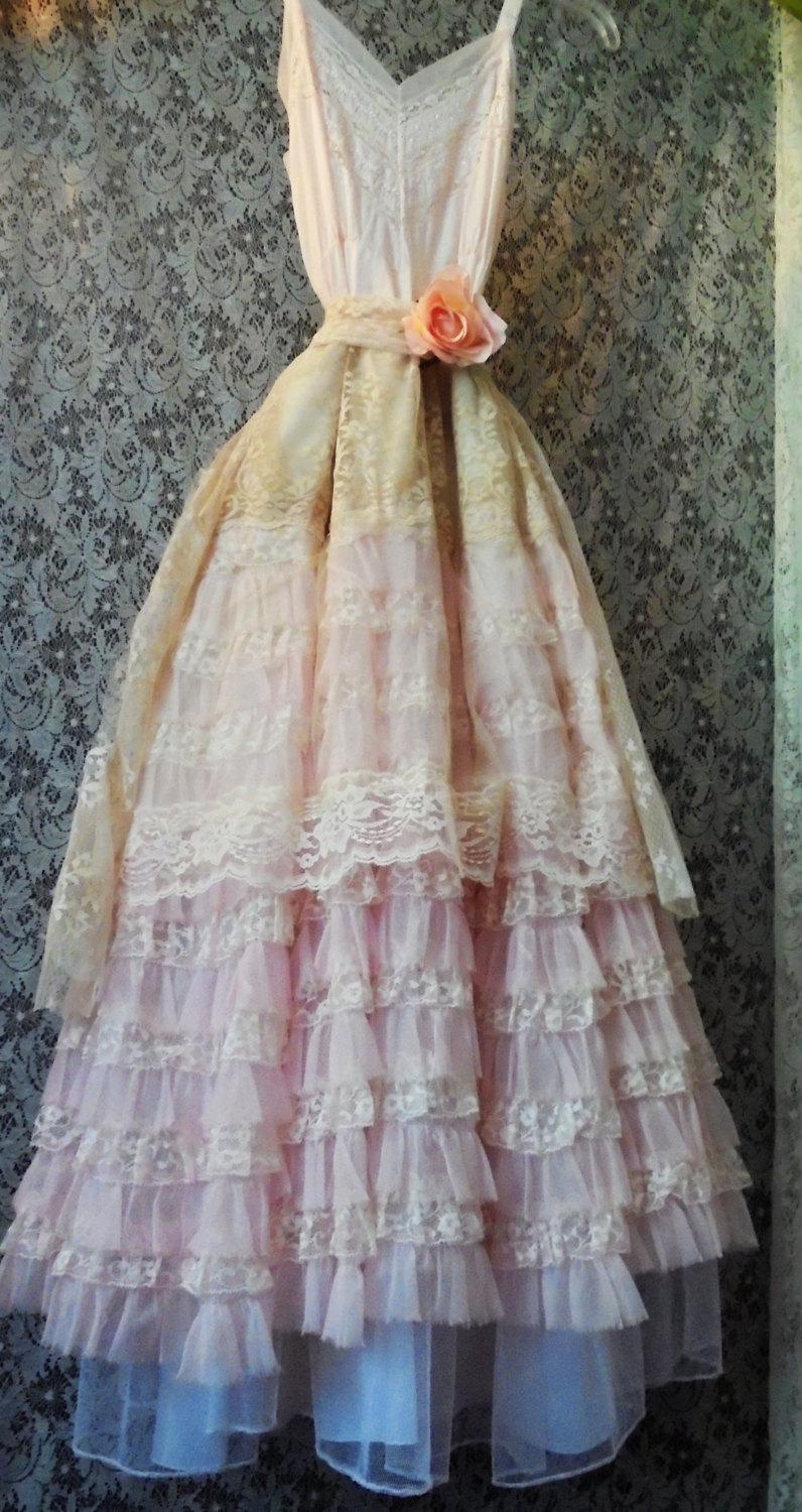 Hochzeit - Blush lace dress  tulle ruffles crinoline  boho wedding  vintage  bride outdoor  romantic small by vintage opulence on Etsy