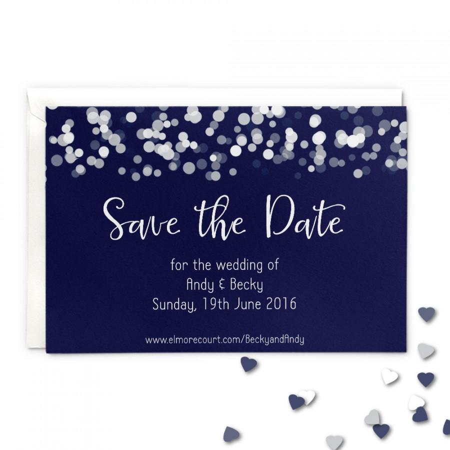 Свадьба - Save the date wedding magnet or card, glittering lights design, navy blue