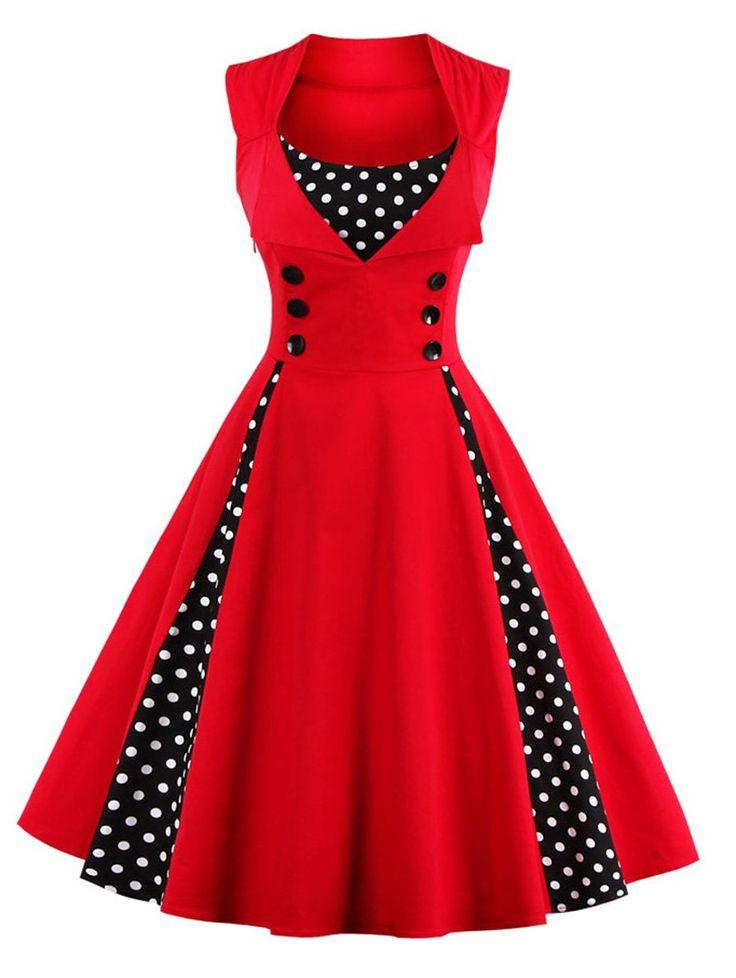 زفاف - Retro Polka Dot Button Embellished Dress
