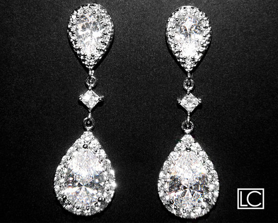 Hochzeit - Cubic Zirconia Bridal Earrings Silver CZ Wedding Earrings Clear Cubic Zirconia Teardrop Dangle Earrings Wedding Earrings Bridal CZ Jewelry