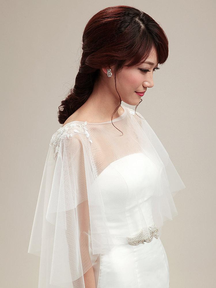 زفاف - Bridal jacket, Bridal cover,Double layer tulle off white ivory lace  poncho cape bridal wedding dress wraps accessories