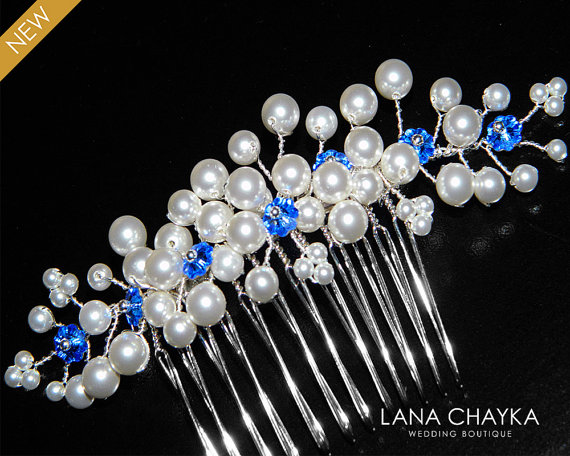 Mariage - White Pearl Royal Blue Bridal Hair Comb Swarovski Pearl Crystal Floral Hair Piece Wedding Pearl Jewelry Sapphire White Pearl Bridal Comb