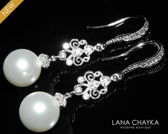 Hochzeit - White Pearl Chandelier Bridal Earrings Swarovski 10mm Pearl Silver Dangle Earrings White Pearl Wedding Jewelry Bridal Pearl Drop Earrings