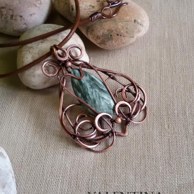 Wedding - Wire Wrapped Seraphinite Pendant Wire copper jewelry Gift for women Copper pendant Christmas Gift Birthday Bohemian Jewelry Charm Necklace