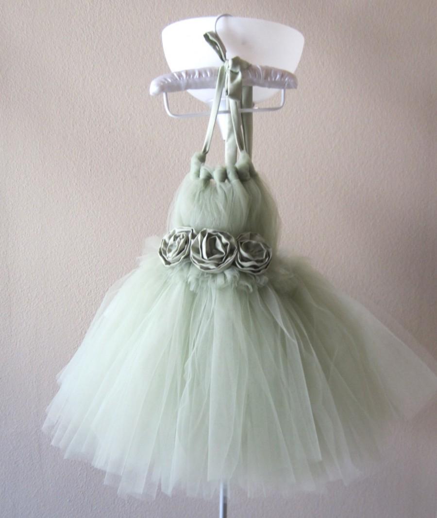Wedding - Backless sage green, vintage mint green tutu dress. First birthday dress. Green flower girl dress.