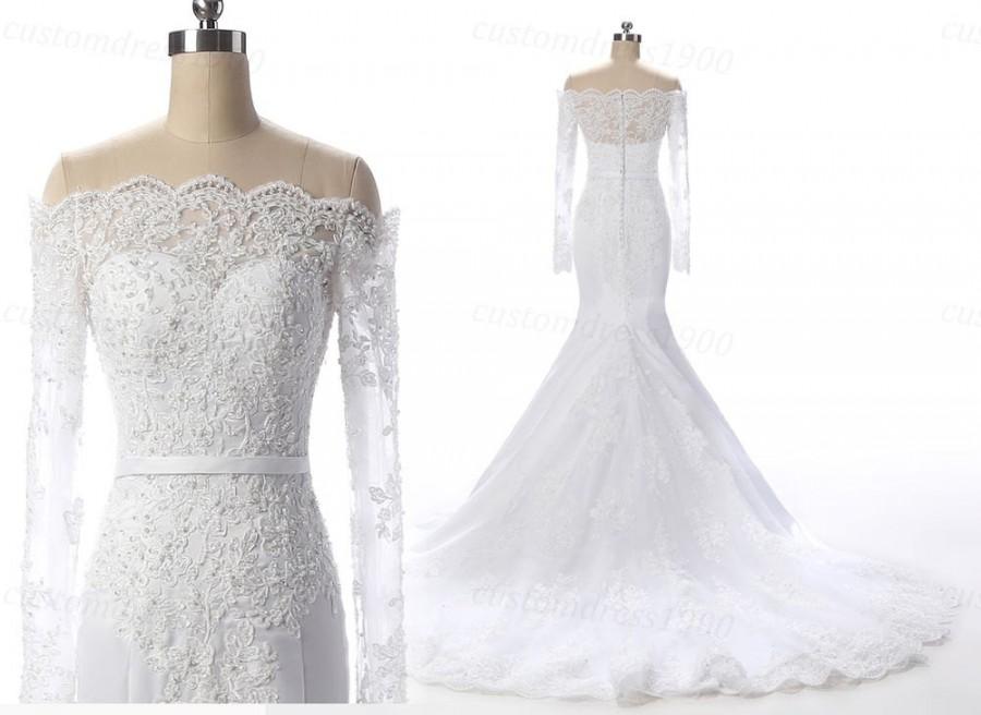 Wedding - Long Sleeves Elegant Wedding Dress Handmade Lace Mermaid Court Train Wedding Gowns White/Ivory Beading Bridal Gowns Lace Dress For Wedding
