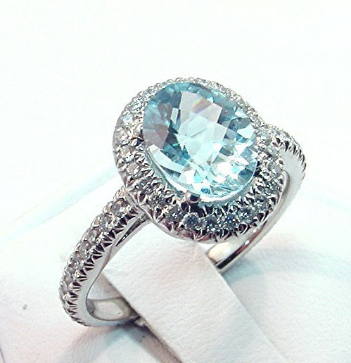 Hochzeit - AAA Blue Aquamarine 2.09 Carat 9x7mm in Platinum halo engagement ring with diamonds (.65ct) Ring 0422