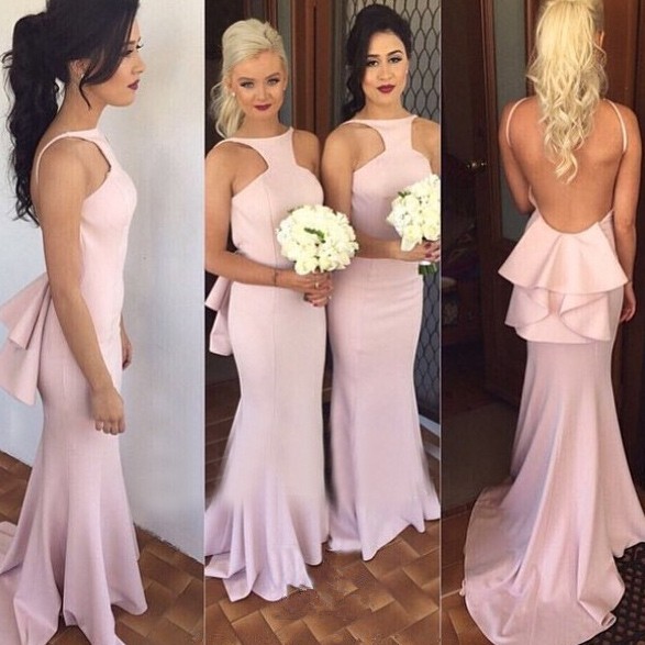 Hochzeit - Elegant Spaghetti Straps Backless Pink Mermaid Bridesmaid Dress