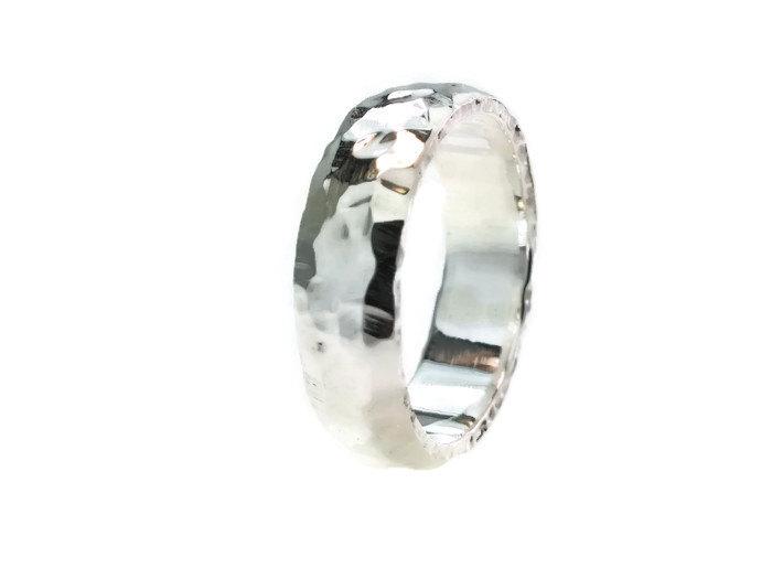 Wedding - D Shape Polish Hammered Wedding Band 6mm Silver 980 Purity from Recycled Silver Jewels.His Hers,Set, US Size