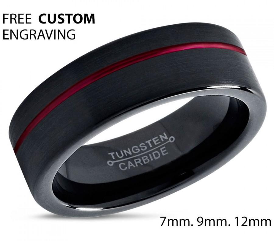 Свадьба - Tungsten Ring Mens Black Red Wedding Band Tungsten Ring Tungsten Carbide 7mm Brushed Man Wedding Male Women Anniversary Matching Set Size