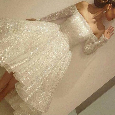 Wedding - Sparkly Homecoming Dress - Off Shoulder Long Sleeves Hi-Low White Sequins with Sash from Dressywomen