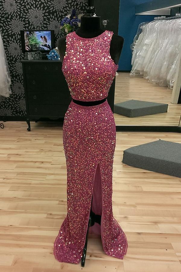 زفاف - Sparkling Two-piece Mermaid Scoop Split Sleeveless Fuchsia Prom Dress with Sequins
