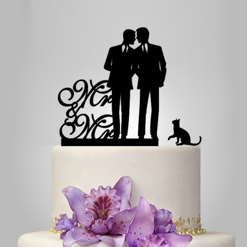 Hochzeit - Gay Wedding Cake topper with cat, topper with mr and mr