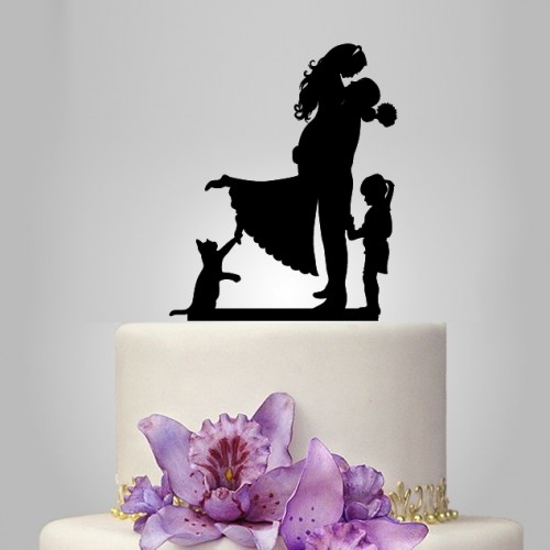 Wedding - bride and groom Wedding Cake topper with girl, cake topper with cat