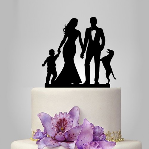 Wedding - bride and groom Wedding Cake topper with child, cake topper with dog