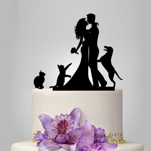 Wedding - bride and groom Wedding Cake topper with dog, cake topper with cat