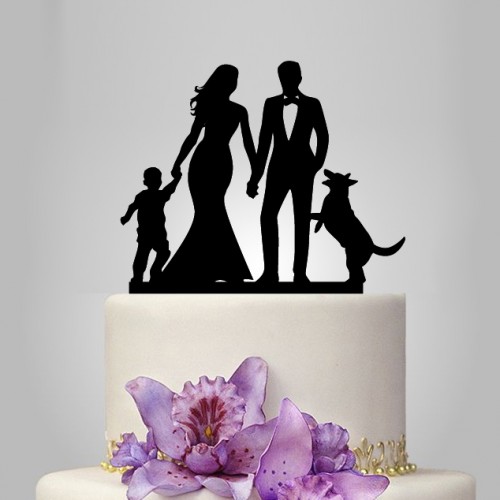 Wedding - Wedding Cake topper with dog, funny bride and groom topper with child