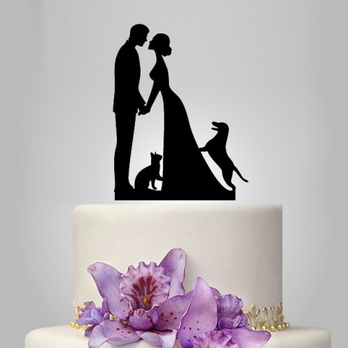 Hochzeit - Wedding Cake topper with dog and cat, unique bride and groom topper