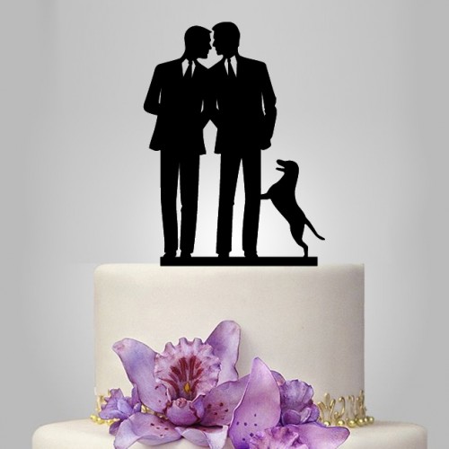Mariage - same sex Wedding Cake topper with dog, unique gay cake topper,