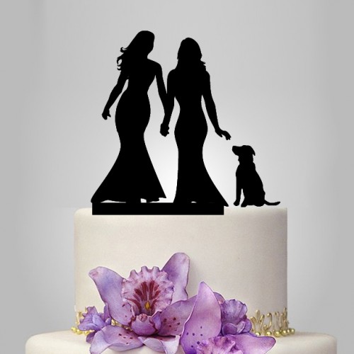 Wedding - Lesbian Wedding Cake topper with dog, unique cake topper, couple gift