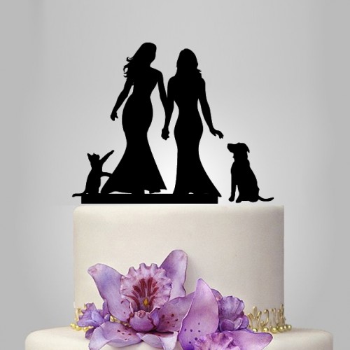 Hochzeit - Lesbian Wedding Cake topper with cat, cake topper with dog unique