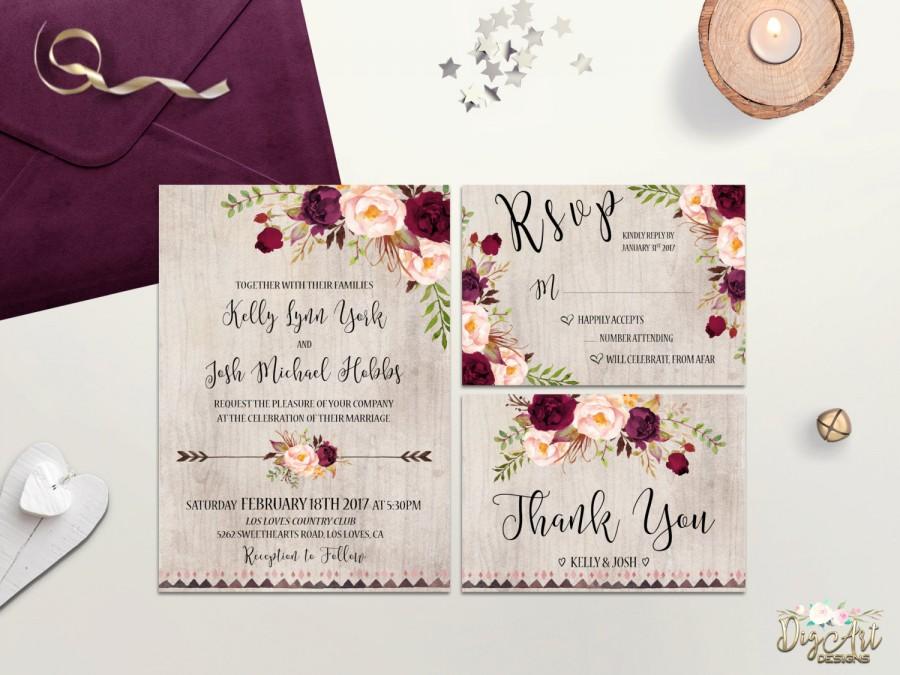 Свадьба - Rustic Wedding Invitation Printable Boho Wedding Invite Burgundy Blush Wedding Invitation Suite Floral Wedding Invite Bohemian Wedding DIY