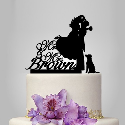 Hochzeit - Custom wedding cake topper with dog, mr and mrs, letter