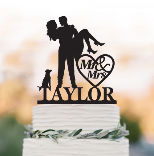 Mariage - wedding cake topper personalized, bride and groom cake topper with dog