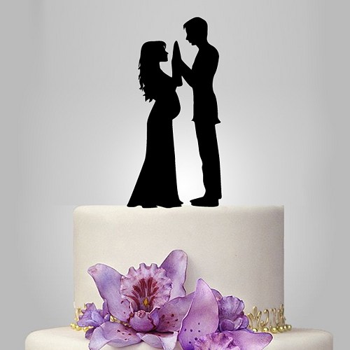 Mariage - pregnant Bride and Groom silhouette wedding Cake Topper acrylic