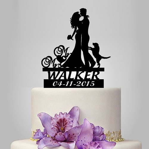 Hochzeit - wedding silhouette acrylic cake topper with dog and custom name date