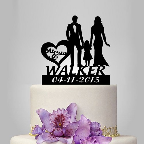 Wedding - personalized wedding cake topper, bride and groom silhouette with girl