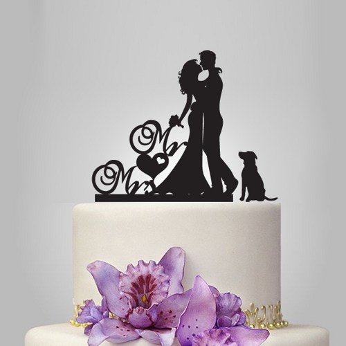 Wedding - bride and groom silhouette wedding cake topper, dog cake topper