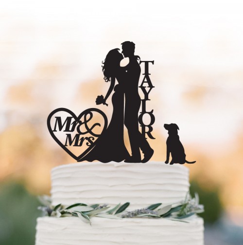 Wedding - personalized wedding cake topper with dog and bride agroom silhouette