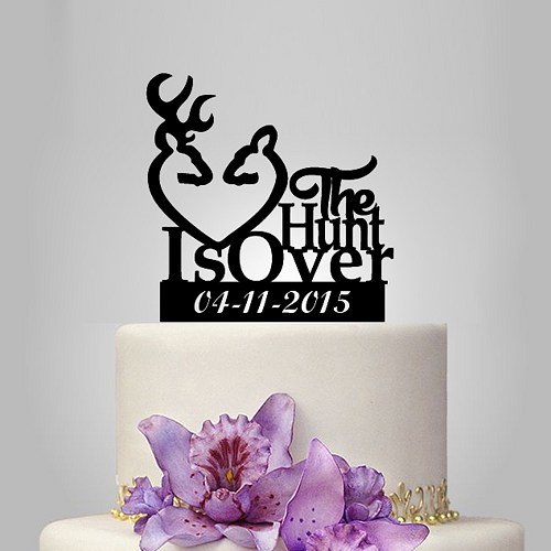 Hochzeit - the hunt is over Wedding Cake Topper - Buck Doe with custom date