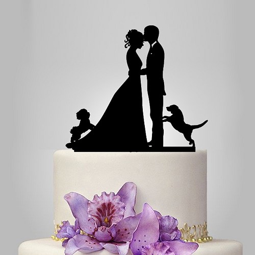 Hochzeit - Wedding cake topper with two dog, bride and groom silhouette