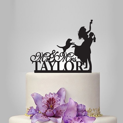 Wedding - funny wedding cake topper, drunk bride and dog, personalized topper