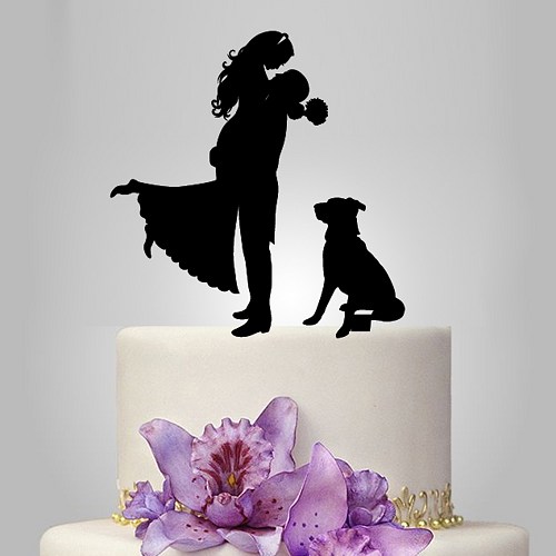 Hochzeit - Wedding cake topper with dog, funny bride and groom silhouette