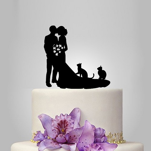 Hochzeit - Wedding cake topper with two cats and couple silhouette