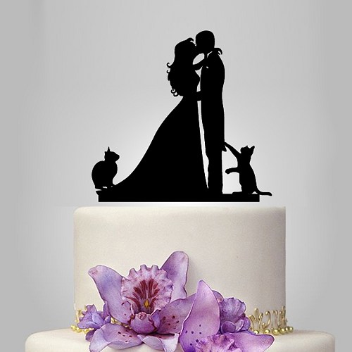 زفاف - Wedding cake topper with two cats and couple kissing silhouette