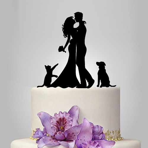 Mariage - funny wedding cake topper with bride and groom with dog and cat
